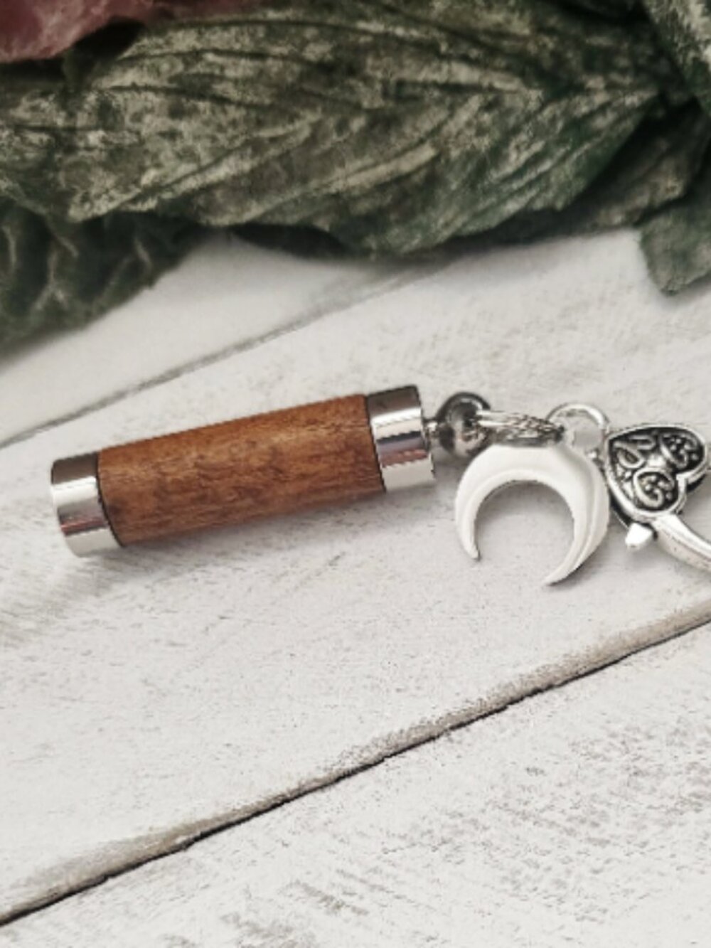 Wood Stainless Steel Keychain Moon Charm Locket Capsule Celestial